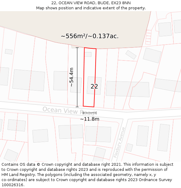 22, OCEAN VIEW ROAD, BUDE, EX23 8NN: Plot and title map