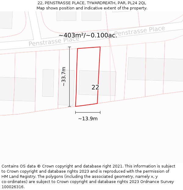 22, PENSTRASSE PLACE, TYWARDREATH, PAR, PL24 2QL: Plot and title map