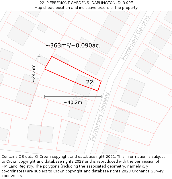 22, PIERREMONT GARDENS, DARLINGTON, DL3 9PE: Plot and title map