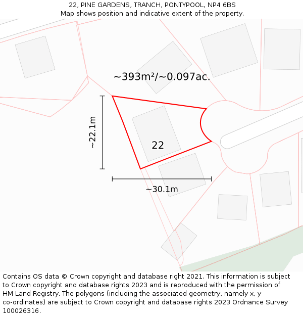 22, PINE GARDENS, TRANCH, PONTYPOOL, NP4 6BS: Plot and title map