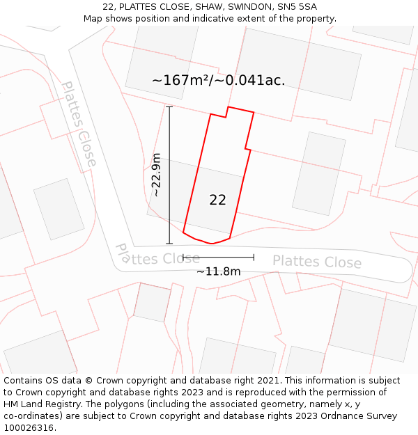 22, PLATTES CLOSE, SHAW, SWINDON, SN5 5SA: Plot and title map