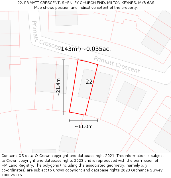 22, PRIMATT CRESCENT, SHENLEY CHURCH END, MILTON KEYNES, MK5 6AS: Plot and title map