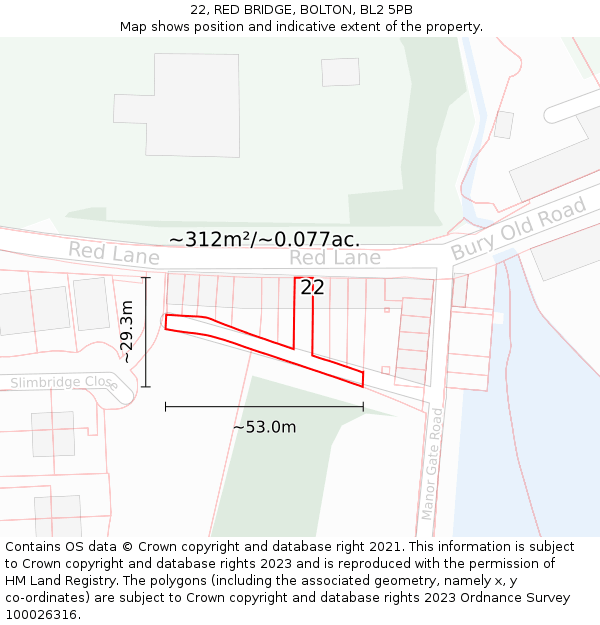 22, RED BRIDGE, BOLTON, BL2 5PB: Plot and title map