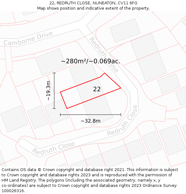 22, REDRUTH CLOSE, NUNEATON, CV11 6FG: Plot and title map