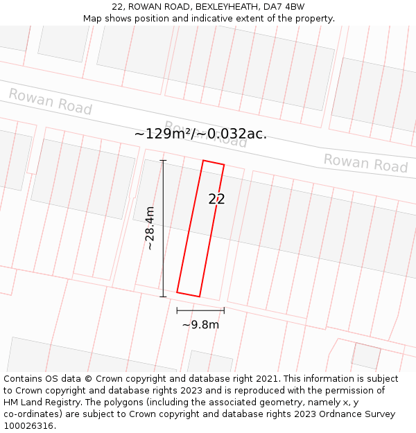 22, ROWAN ROAD, BEXLEYHEATH, DA7 4BW: Plot and title map