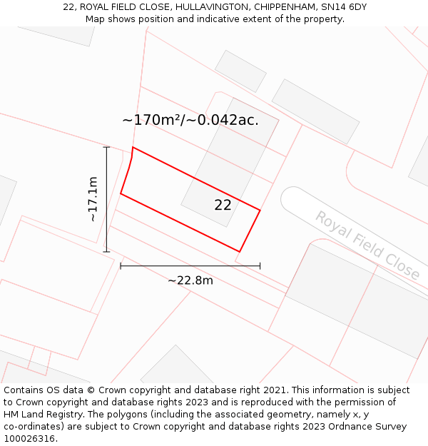 22, ROYAL FIELD CLOSE, HULLAVINGTON, CHIPPENHAM, SN14 6DY: Plot and title map