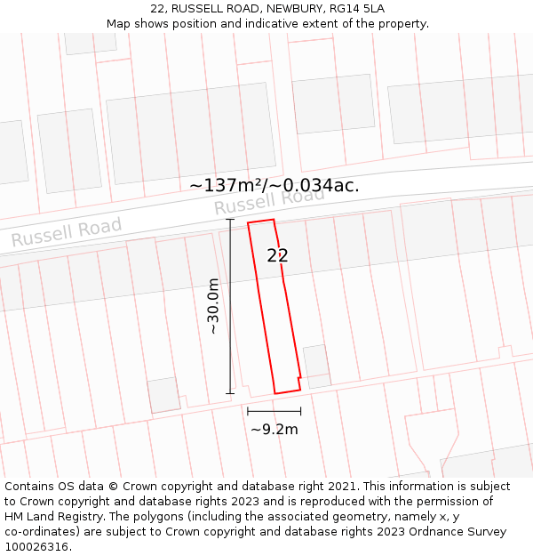 22, RUSSELL ROAD, NEWBURY, RG14 5LA: Plot and title map