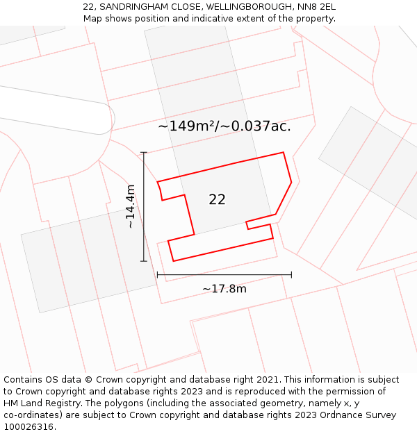 22, SANDRINGHAM CLOSE, WELLINGBOROUGH, NN8 2EL: Plot and title map
