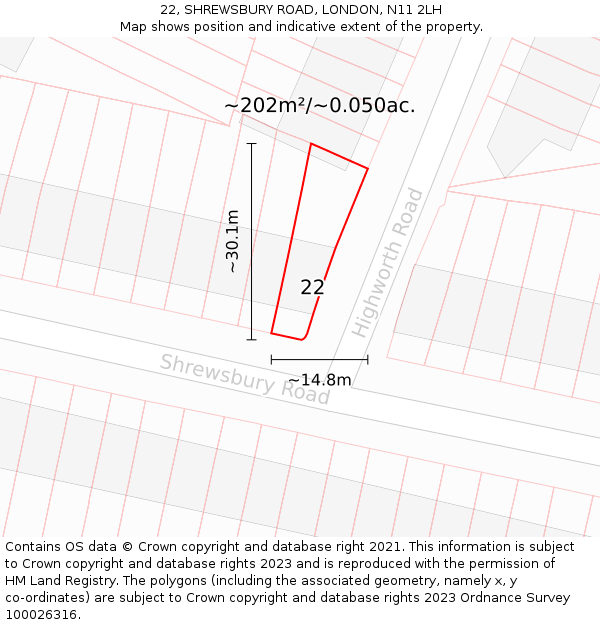 22, SHREWSBURY ROAD, LONDON, N11 2LH: Plot and title map