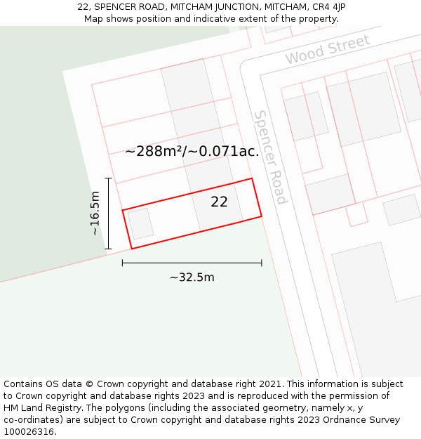 22, SPENCER ROAD, MITCHAM JUNCTION, MITCHAM, CR4 4JP: Plot and title map