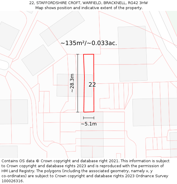 22, STAFFORDSHIRE CROFT, WARFIELD, BRACKNELL, RG42 3HW: Plot and title map