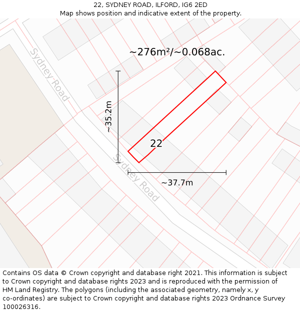 22, SYDNEY ROAD, ILFORD, IG6 2ED: Plot and title map