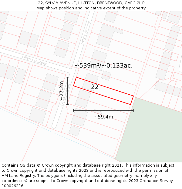 22, SYLVIA AVENUE, HUTTON, BRENTWOOD, CM13 2HP: Plot and title map