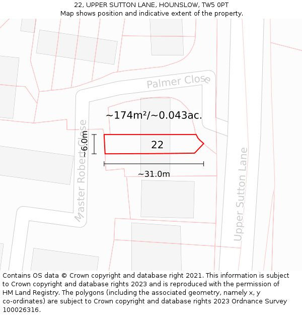 22, UPPER SUTTON LANE, HOUNSLOW, TW5 0PT: Plot and title map