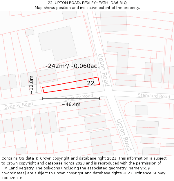 22, UPTON ROAD, BEXLEYHEATH, DA6 8LQ: Plot and title map