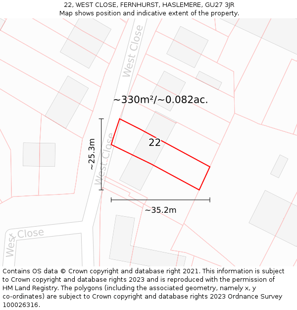 22, WEST CLOSE, FERNHURST, HASLEMERE, GU27 3JR: Plot and title map