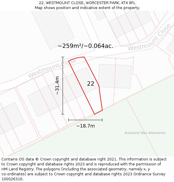 22, WESTMOUNT CLOSE, WORCESTER PARK, KT4 8FL: Plot and title map