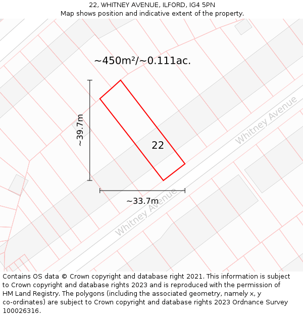 22, WHITNEY AVENUE, ILFORD, IG4 5PN: Plot and title map