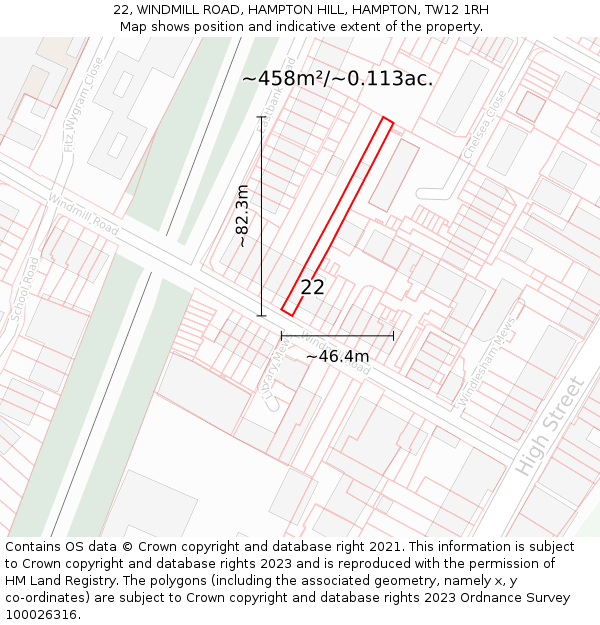 22, WINDMILL ROAD, HAMPTON HILL, HAMPTON, TW12 1RH: Plot and title map