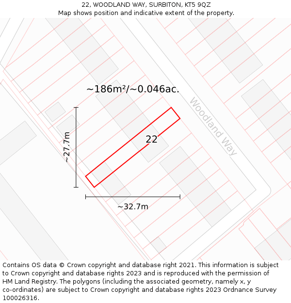 22, WOODLAND WAY, SURBITON, KT5 9QZ: Plot and title map