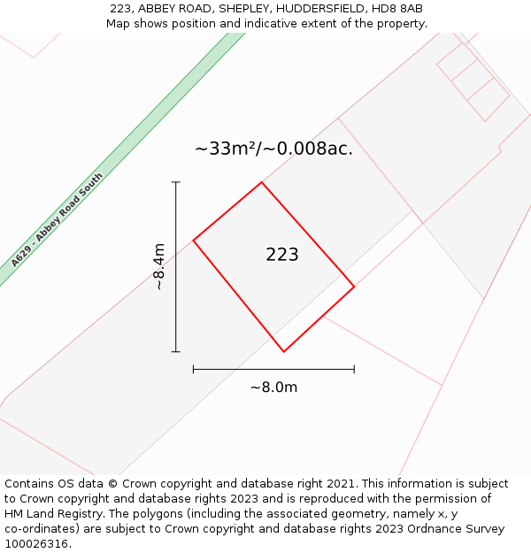 223, ABBEY ROAD, SHEPLEY, HUDDERSFIELD, HD8 8AB: Plot and title map