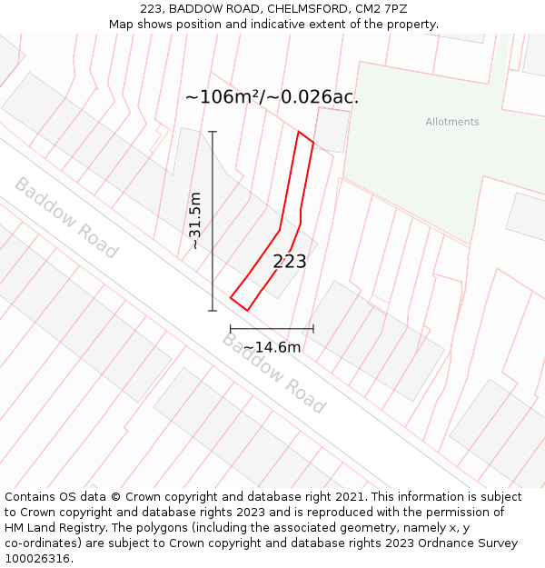 223, BADDOW ROAD, CHELMSFORD, CM2 7PZ: Plot and title map