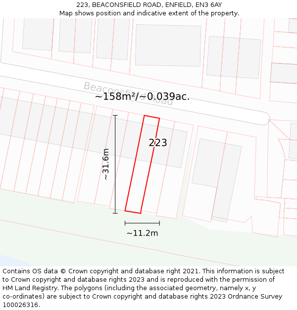 223, BEACONSFIELD ROAD, ENFIELD, EN3 6AY: Plot and title map