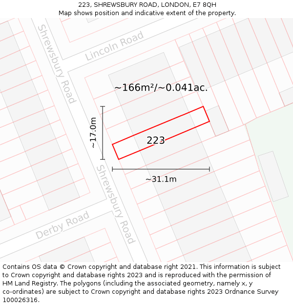 223, SHREWSBURY ROAD, LONDON, E7 8QH: Plot and title map
