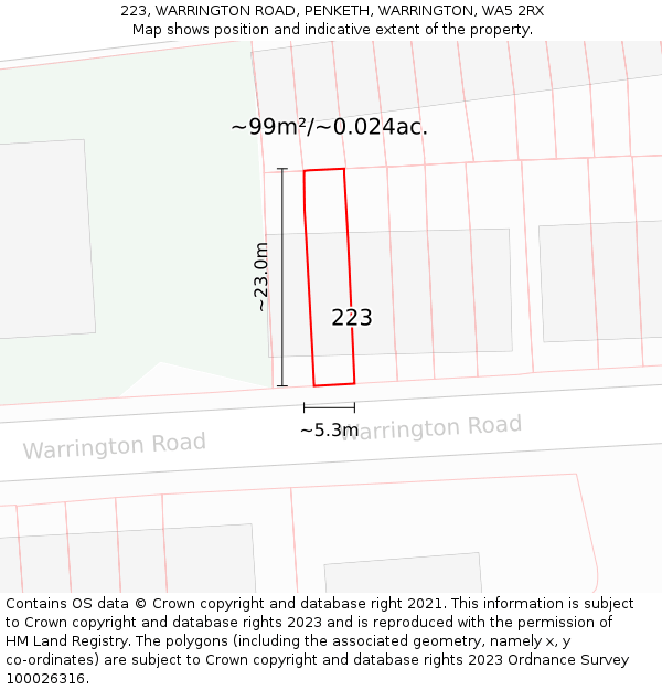 223, WARRINGTON ROAD, PENKETH, WARRINGTON, WA5 2RX: Plot and title map