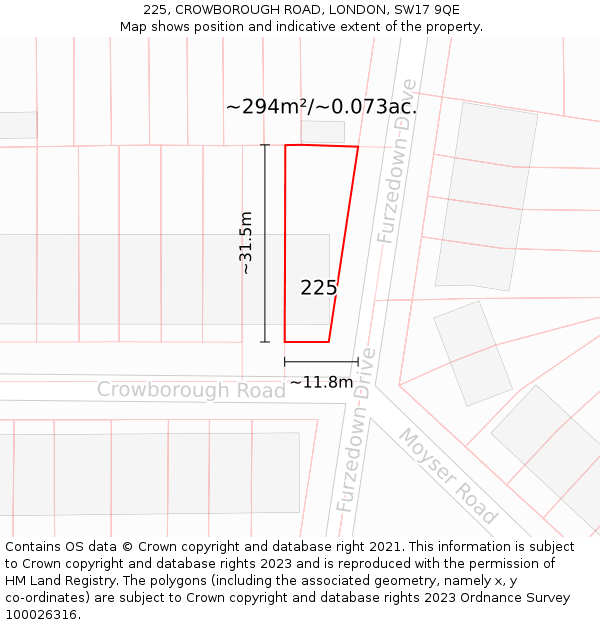 225, CROWBOROUGH ROAD, LONDON, SW17 9QE: Plot and title map
