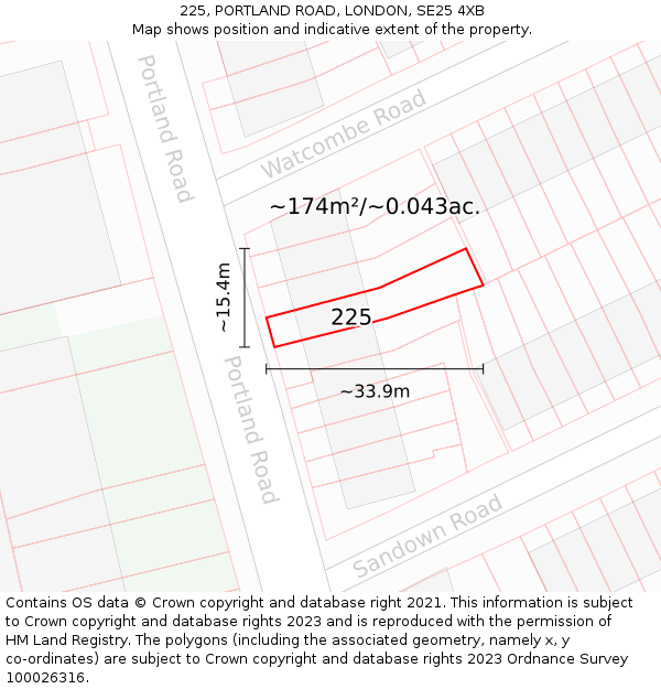 225, PORTLAND ROAD, LONDON, SE25 4XB: Plot and title map