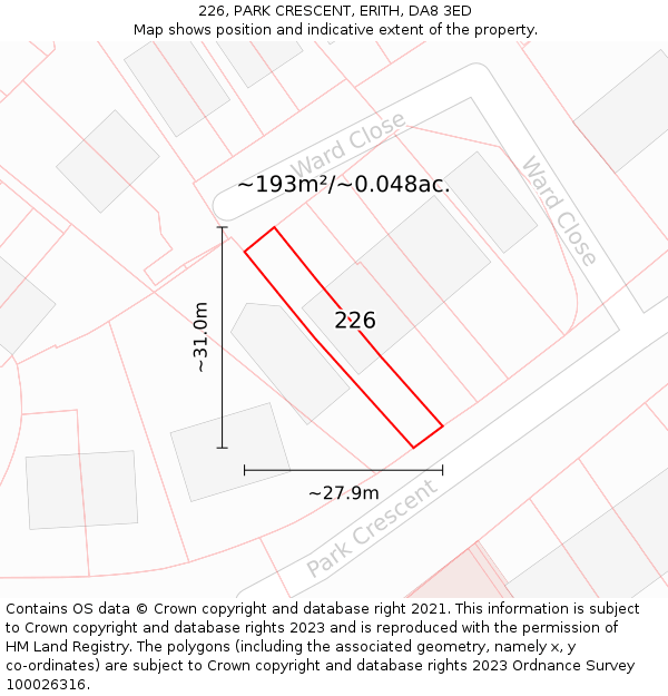 226, PARK CRESCENT, ERITH, DA8 3ED: Plot and title map