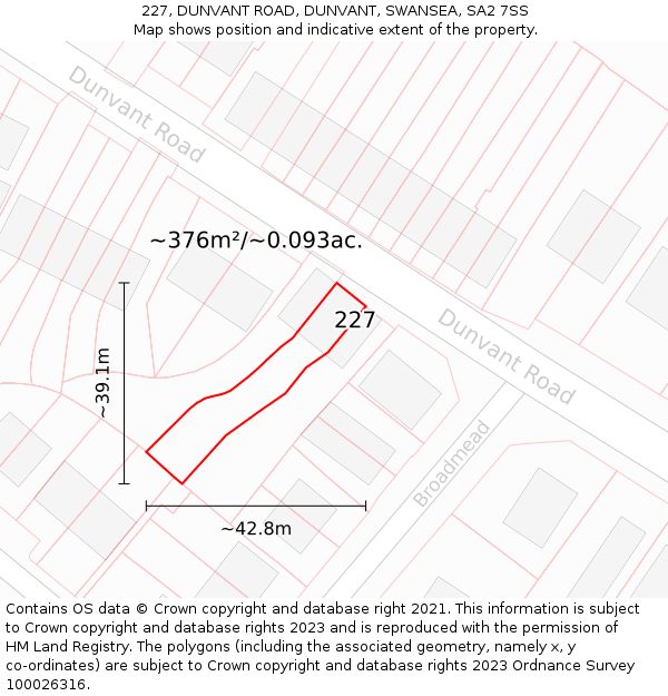 227, DUNVANT ROAD, DUNVANT, SWANSEA, SA2 7SS: Plot and title map
