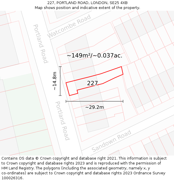 227, PORTLAND ROAD, LONDON, SE25 4XB: Plot and title map