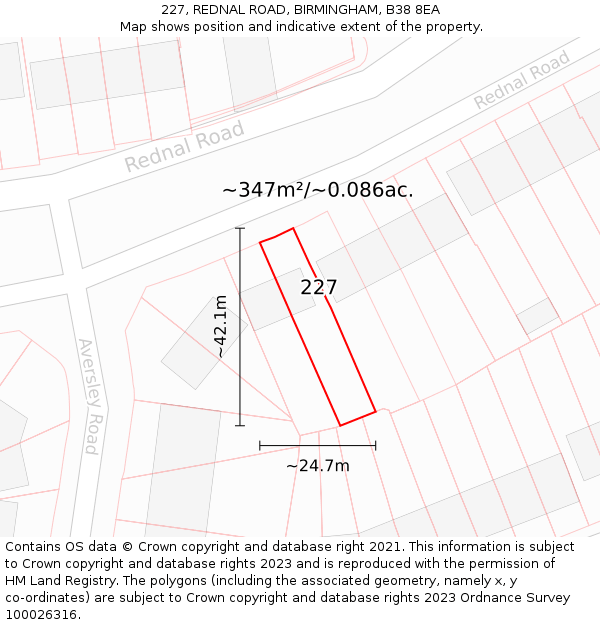 227, REDNAL ROAD, BIRMINGHAM, B38 8EA: Plot and title map