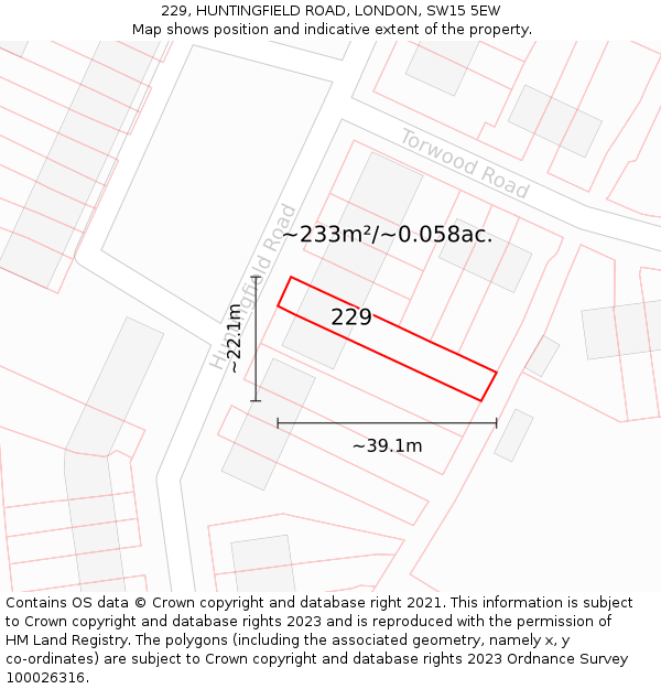 229, HUNTINGFIELD ROAD, LONDON, SW15 5EW: Plot and title map