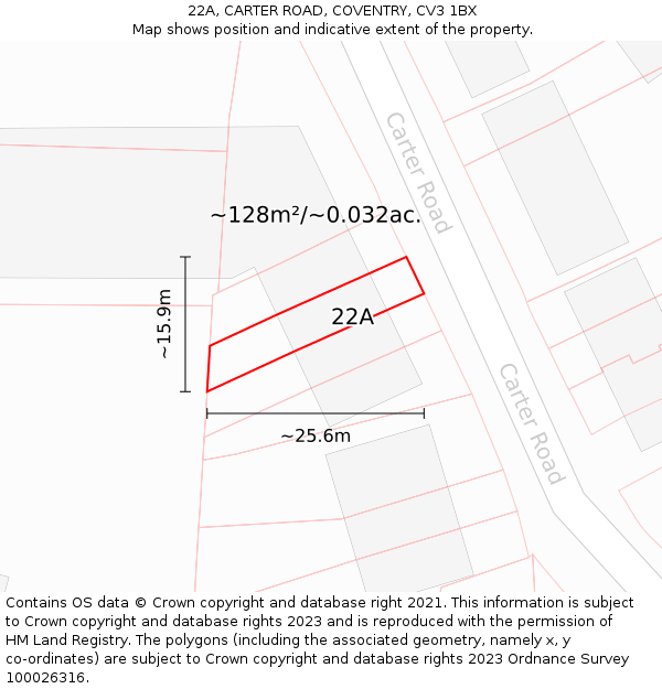 22A, CARTER ROAD, COVENTRY, CV3 1BX: Plot and title map