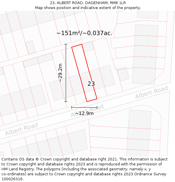 23, ALBERT ROAD, DAGENHAM, RM8 1LR: Plot and title map
