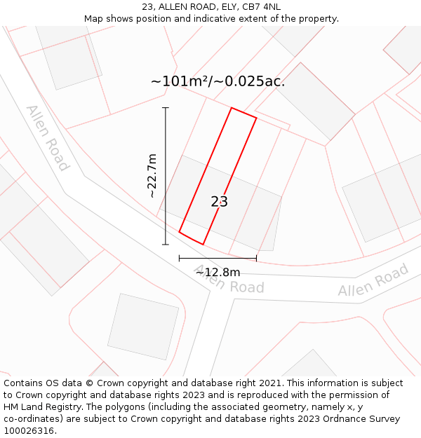 23, ALLEN ROAD, ELY, CB7 4NL: Plot and title map