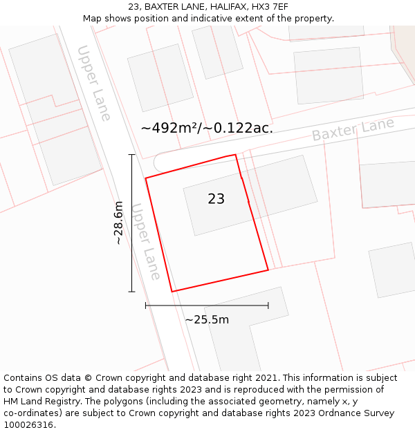 23, BAXTER LANE, HALIFAX, HX3 7EF: Plot and title map
