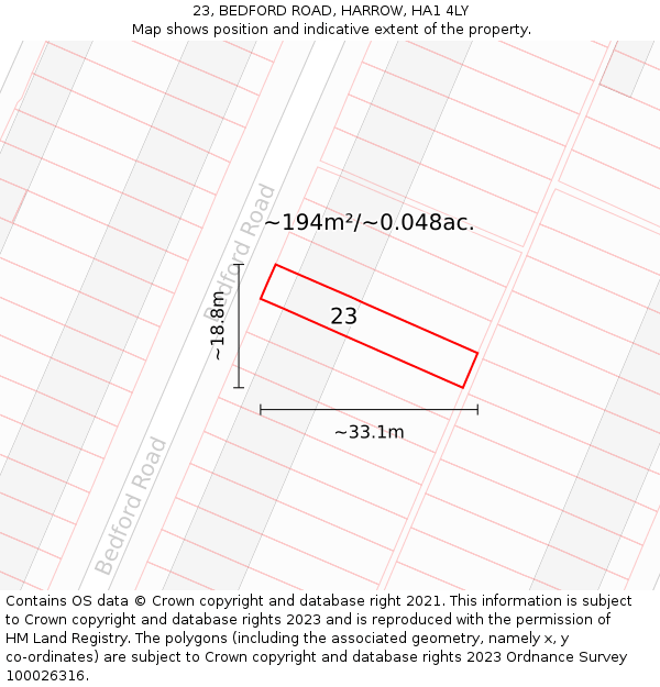 23, BEDFORD ROAD, HARROW, HA1 4LY: Plot and title map