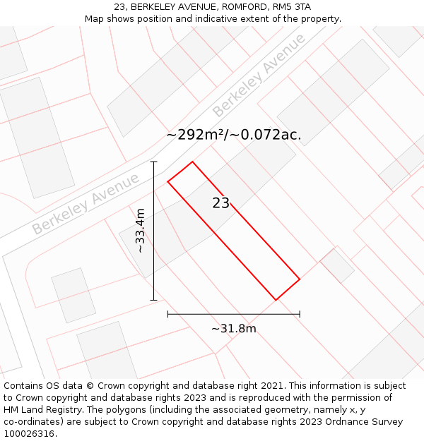 23, BERKELEY AVENUE, ROMFORD, RM5 3TA: Plot and title map