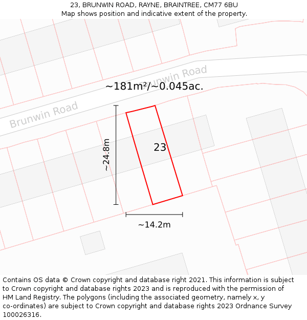 23, BRUNWIN ROAD, RAYNE, BRAINTREE, CM77 6BU: Plot and title map