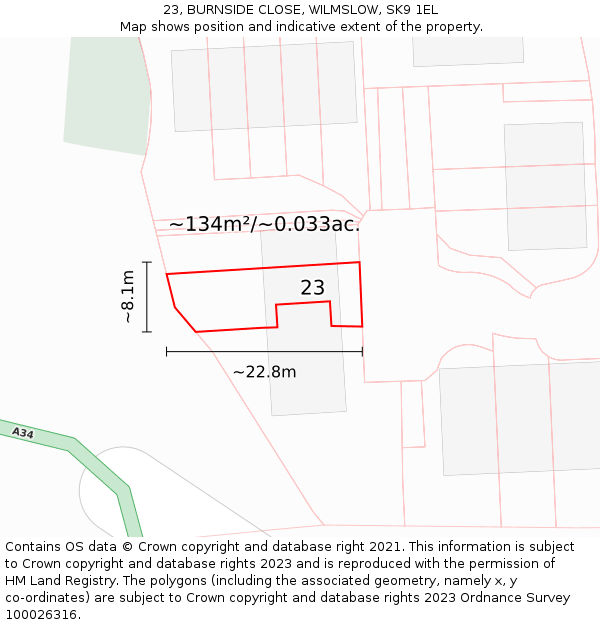 23, BURNSIDE CLOSE, WILMSLOW, SK9 1EL: Plot and title map