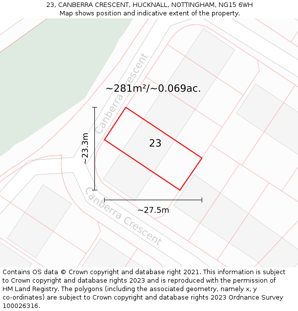 23, CANBERRA CRESCENT, HUCKNALL, NOTTINGHAM, NG15 6WH: Plot and title map