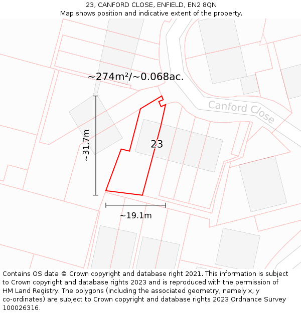 23, CANFORD CLOSE, ENFIELD, EN2 8QN: Plot and title map
