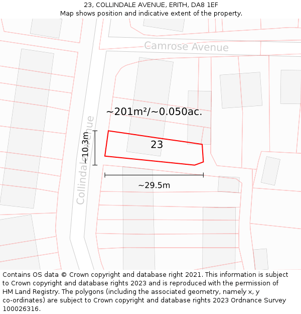 23, COLLINDALE AVENUE, ERITH, DA8 1EF: Plot and title map