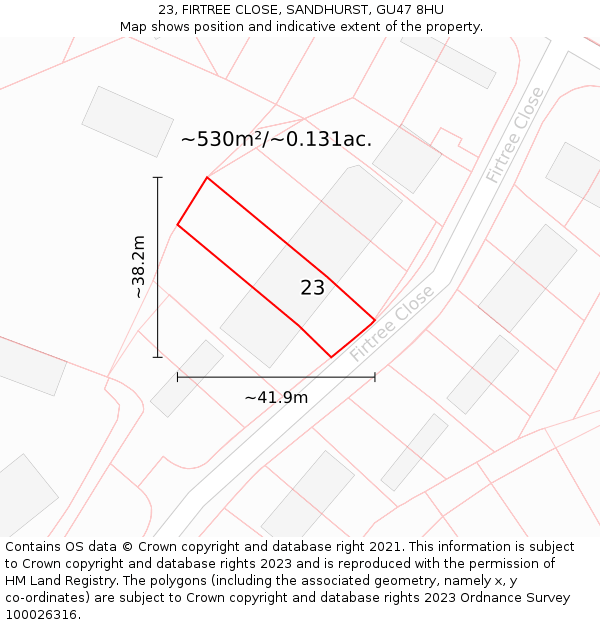 23, FIRTREE CLOSE, SANDHURST, GU47 8HU: Plot and title map