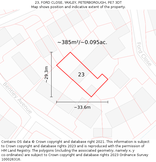23, FORD CLOSE, YAXLEY, PETERBOROUGH, PE7 3DT: Plot and title map