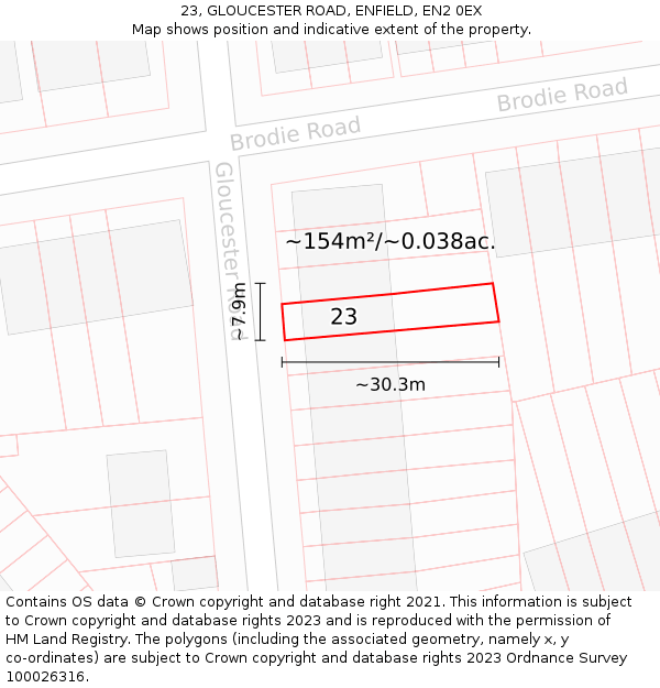 23, GLOUCESTER ROAD, ENFIELD, EN2 0EX: Plot and title map